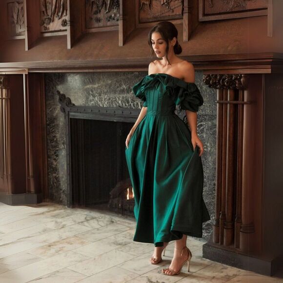 Mac Duggal 20706 Size 14 Green Satin Off The Shoulder Midi Tea Length Dress Gown - Picture 2 of 4